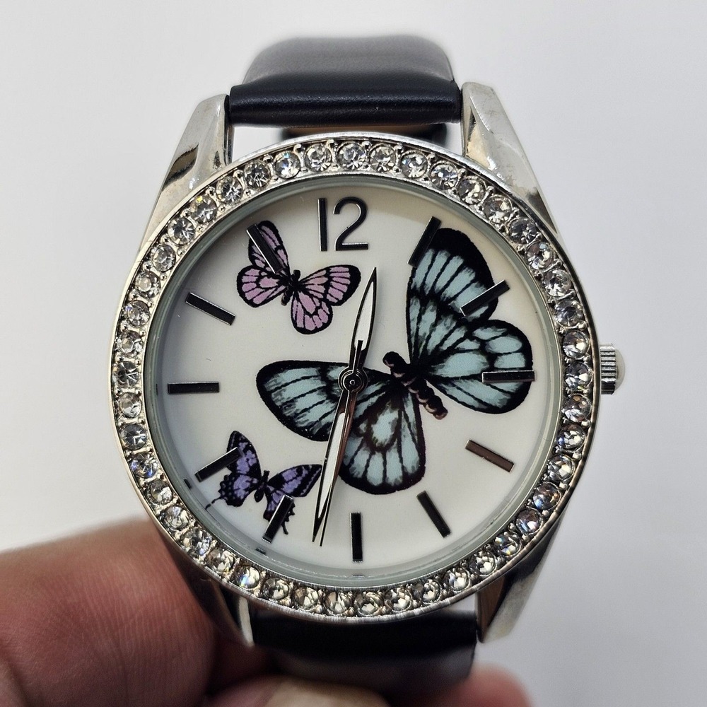 Women's Watch 38MM Butterfly White Dial Black Leather Bands New‎ Battery